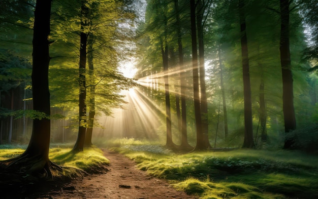 Hermosos rayos de sol en un bosque verde