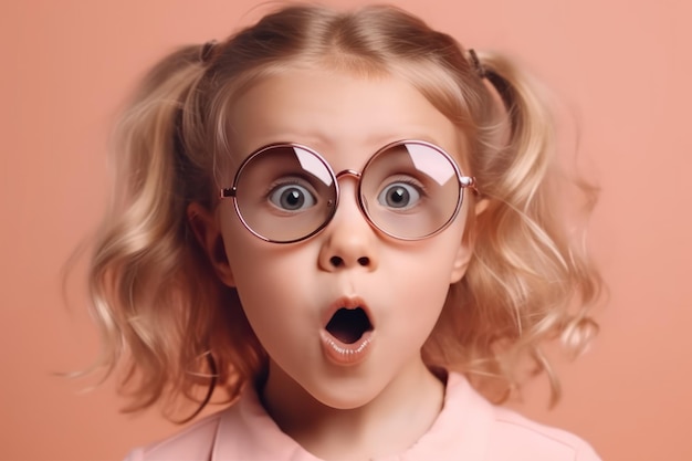 Hermosos y realistas retratos de sorprendidas niñas pequeñas y lindas con gafas de sol sobre un fondo rosado modelo infantil divertirse y saltar publicidad de productos infantiles