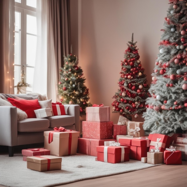 Hermosos regalos de Navidad bajo el árbol en el interior de la casa decorada de año nuevo