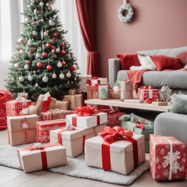 Hermosos regalos de Navidad bajo el árbol en el interior de la casa decorada de año nuevo