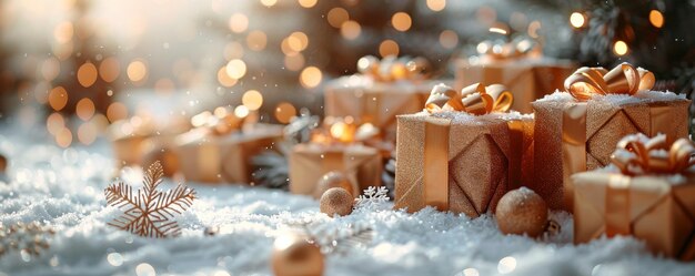Hermosos regalos de Navidad con arcos dorados en un entorno nevado con luces bokeh festivas
