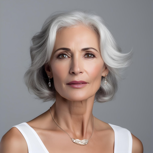 Hermosos retratos de mujeres de cabellos grises en un estandarte de fondo gris claro con espacio para el texto