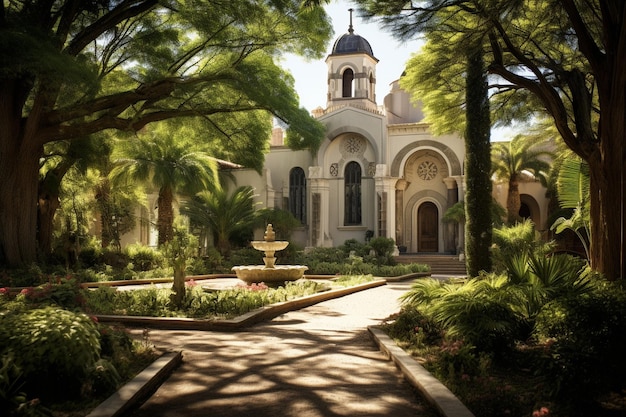 Hermosos terrenos de la iglesia con una hermosa arquitectura, exuberantes jardines y un ambiente tranquilo.
