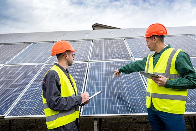 Hermosos trabajadores jóvenes con ropa especial escriben un plan para instalar paneles solares