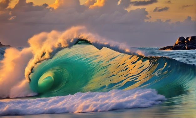 Hermosos tubos de olas del mar al atardecer