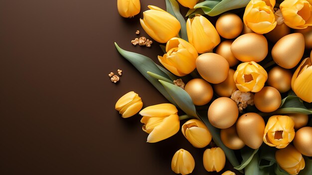 Hermosos tulipanes amarillos con coloridos huevos de Pascua