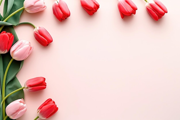 Hermosos tulipanes rojos y rosados sobre un fondo rosado con espacio de copia para el texto Vista superior plana