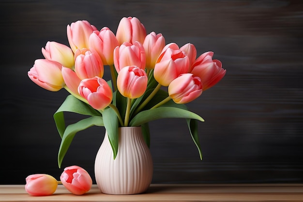 Hermosos tulipanes rosados arreglados en una mesa