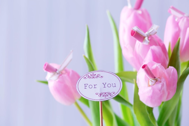 Hermosos tulipanes rosas con etiqueta sobre fondo claro