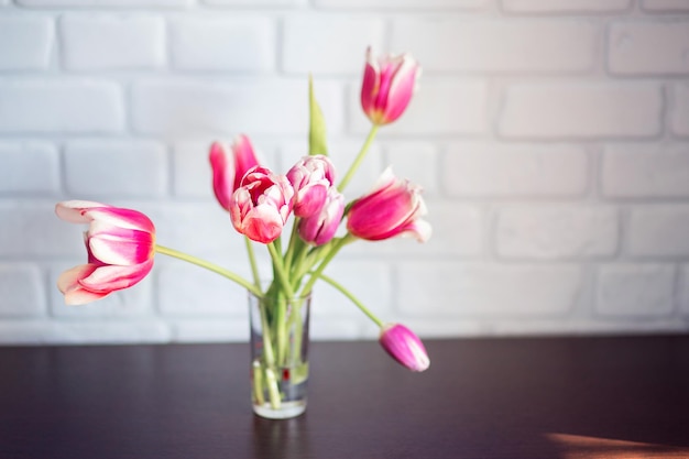 Hermosos tulipanes rosas en una postal de primavera de vidrio