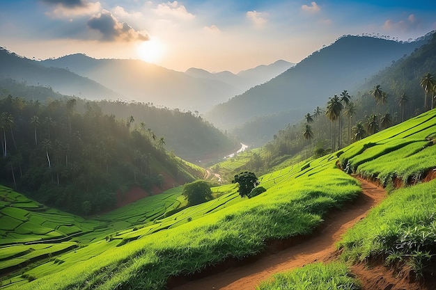 Hermosos valles montañosos con la luz del sol matutino Kerala naturaleza paisaje imagen famoso lugar turístico en Kannur Kerala India turismo y viajes imagen