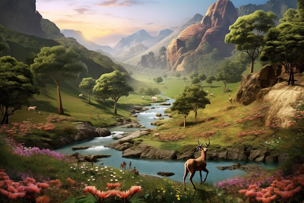 Hermosos viajes por la naturaleza hermosos lugares rurales vista en 3D de Valley Meadow con fondo