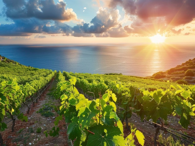 Foto hermosos viñedos en las laderas de la costa azul de francia rayos de puesta de sol cálida noche de verano