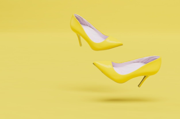 Hermosos zapatos de mujer con tacones amarillos sobre un fondo amarillo copiar pegar copiar espacio 3D render