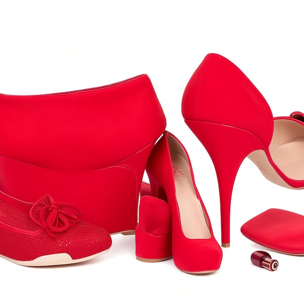 Hermosos zapatos rojos femeninos con cosméticos aislados en blanco