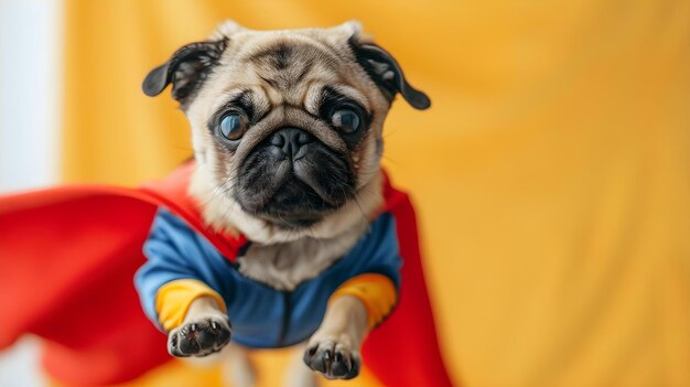 Foto el héroe canino power capeclad pug se eleva en el concepto de sunny day mascotas pugs superhéroes vestido sunny day