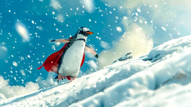 El héroe pingüino en el paisaje nevado