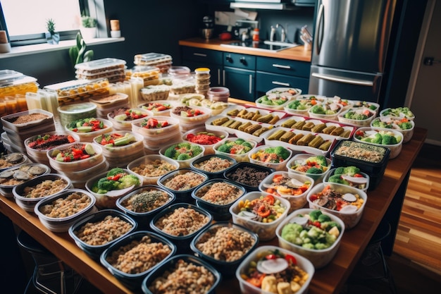 Héroe de preparación de comidas que prepara docenas de comidas y refrigerios para la semana creado con inteligencia artificial generativa