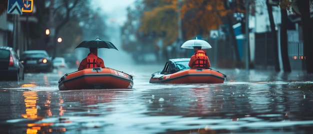 Héroes en la lluvia rescatando una ciudad inundada con el apoyo de la comunidad