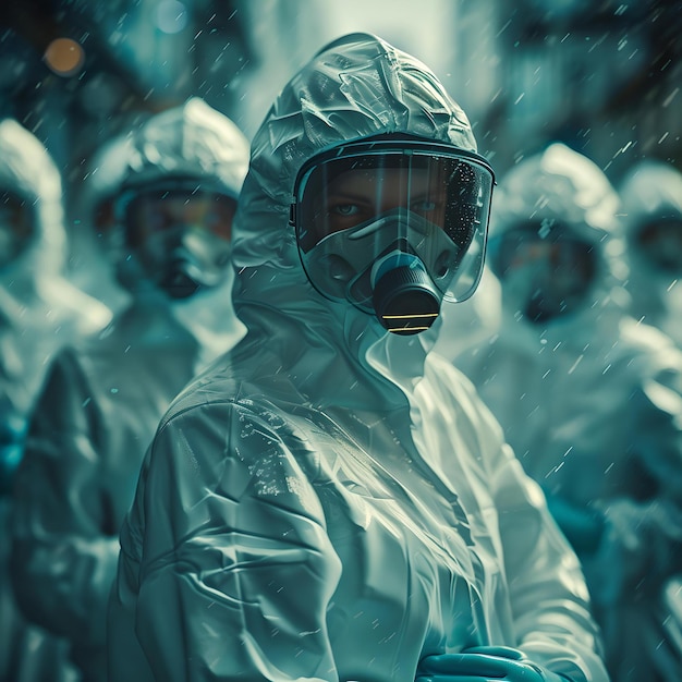 Héroes de primera línea con trajes de protección protegendo a la sociedad de brotes equipo de respuesta de emergencia en acción profesionales de salud y seguridad IA