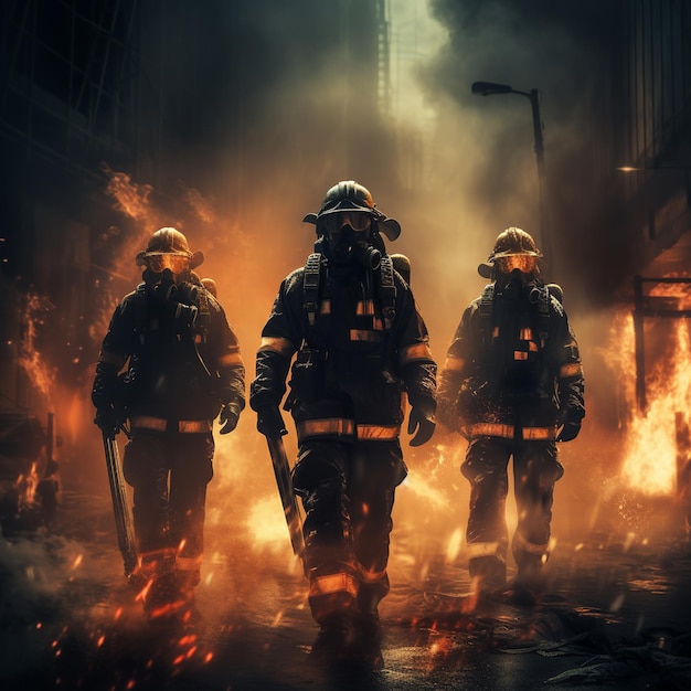 Héroes en ropa de trabajo protectora de pie en llamas peligrosas