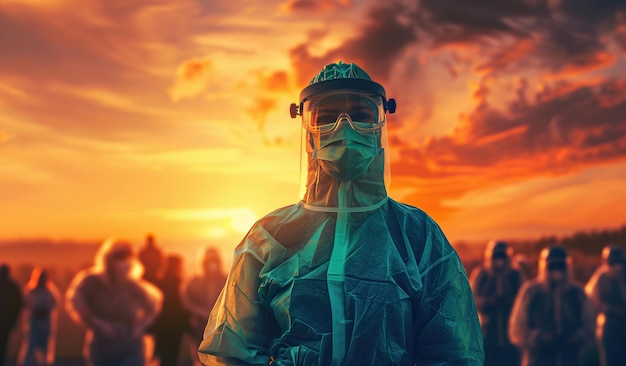 Herói da saúde em PPE de pé diante da multidão ao pôr do sol