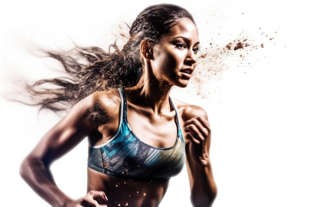 Heroica foto de doble exposición de una corredora hispana bien entrenada corriendo rápido