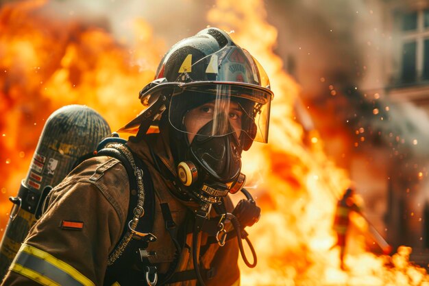 Heroico bombero apagando las llamas en una estructura en llamas