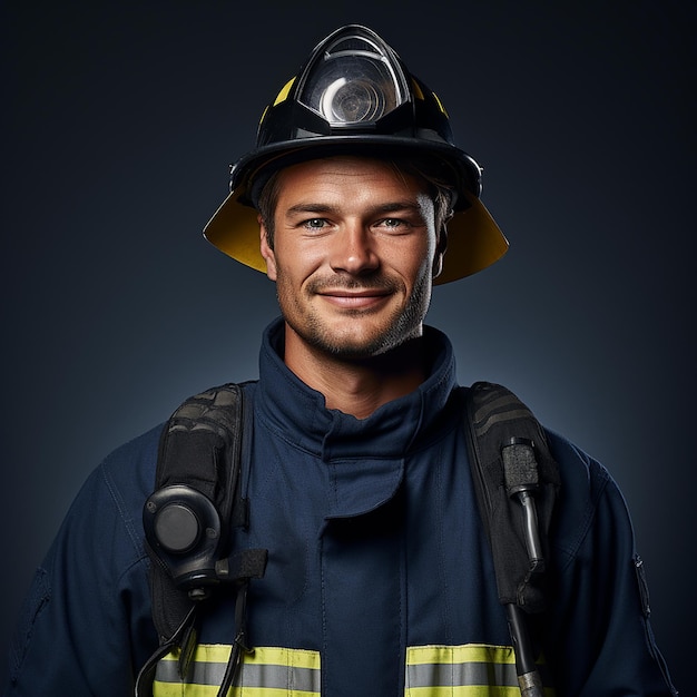 El heroico bombero en un fondo azul sólido