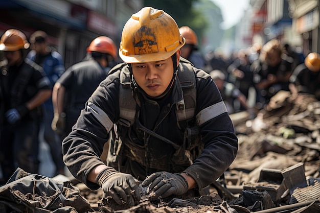 Heroico equipo de rescate emerge de los escombros postterremoto generativo IA