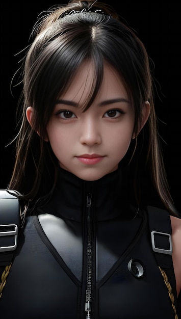 Una heroína cosplay femenina con traje negro aislada sobre fondo negro