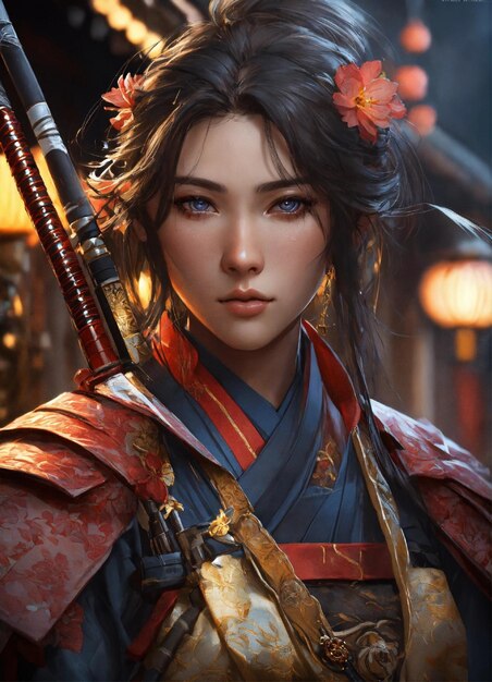 la heroína japonesa ronin katana samurai cabeza y hombros retrato intrincadamente detallado