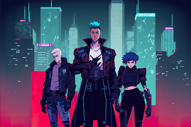 Heróis de festa de anime cyberpunk