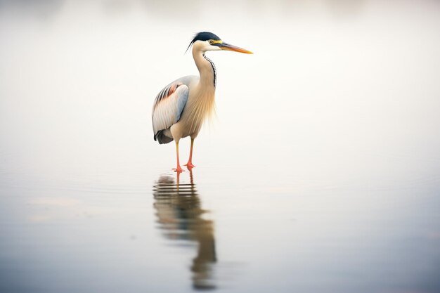 Heron parado en aguas poco profundas del lago brumoso