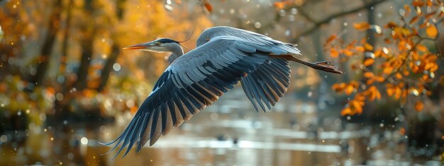 Heron volando sobre una ciudad río naturaleza urbana graciosa hiperdetallado fotorrealista HD súper detallado