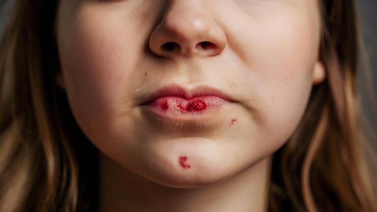 Foto herpes no lábio superior de uma jovem