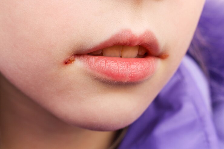 Foto herpes nos lábios da criança. pomada de tratamento.