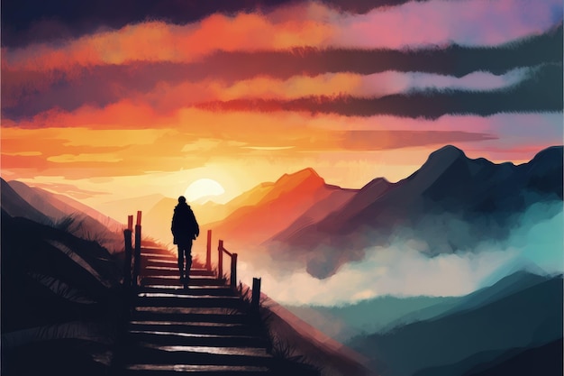Herr steht auf einer Bergtreppe und blickt auf den Sonnenuntergang. Fantasy-Konzept. Illustrationsmalerei. Generative KI
