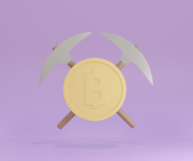 Herramienta de minería 3D Pick axe con moneda de oro sobre fondo púrpura. Representación 3d de la ilustración.