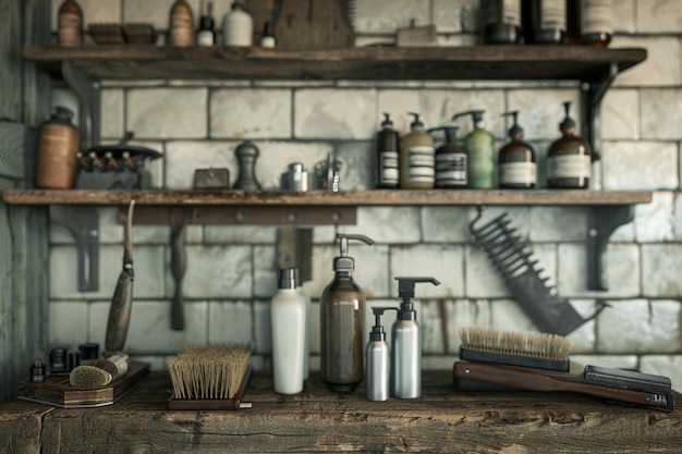 Herramientas de barbero antiguas expuestas en una caseta de madera rústica