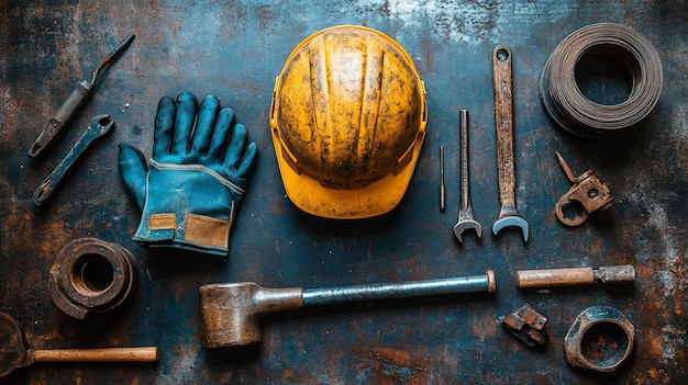 Herramientas de construcción y equipo de seguridad en superficies metálicas rústicas