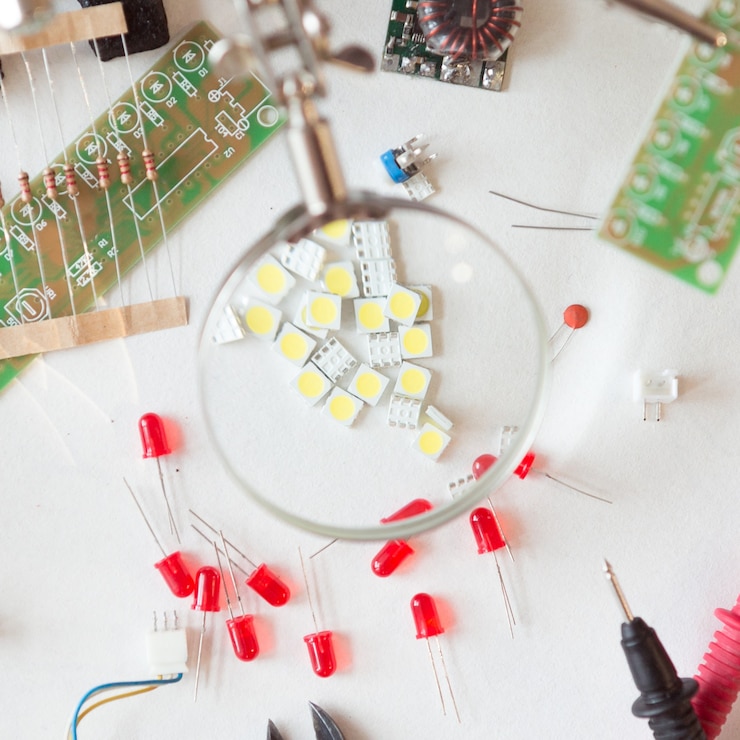 Foto herramientas de electricista y fontanero, piezas y componentes eléctricos con accesorios, fondo blanco aislado. bricolaje, hágalo usted mismo concepto