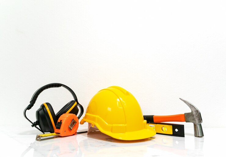 Foto herramientas de equipos de ingenieros puestos en el mostrador de mármol blanco