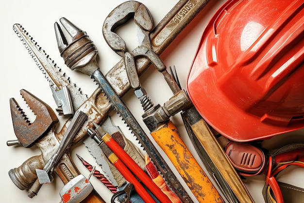 Herramientas de fabricación de construcción con casco de seguridad amarillo y fondo de ilustración de trabajador del día del trabajo