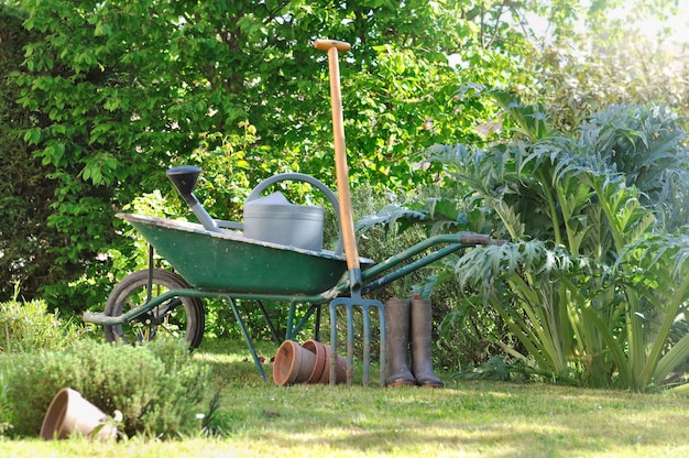 Herramientas de jardinería en carretilla