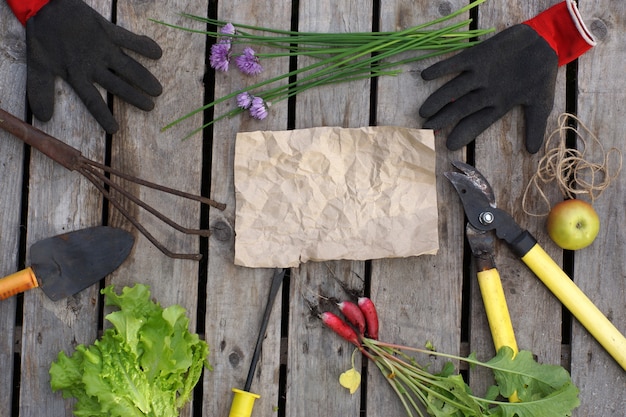 Las herramientas de jardinería y los cultivos cosechados se extienden alrededor de una hoja de papel arrugado.