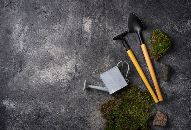 Herramientas de jardinería y flores sobre fondo de hormigón oscuro