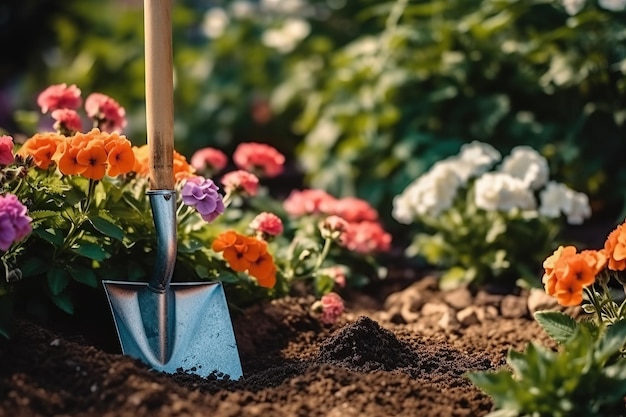 Herramientas de jardinería y flores en el suelo.