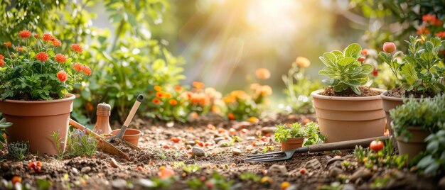 Herramientas de jardinería para el jardinero y macetas en el jardín soleado