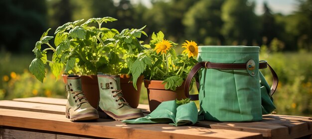 Foto herramientas de jardinería y macetas en un jardín soleado equipo esencial para el jardinero ávido